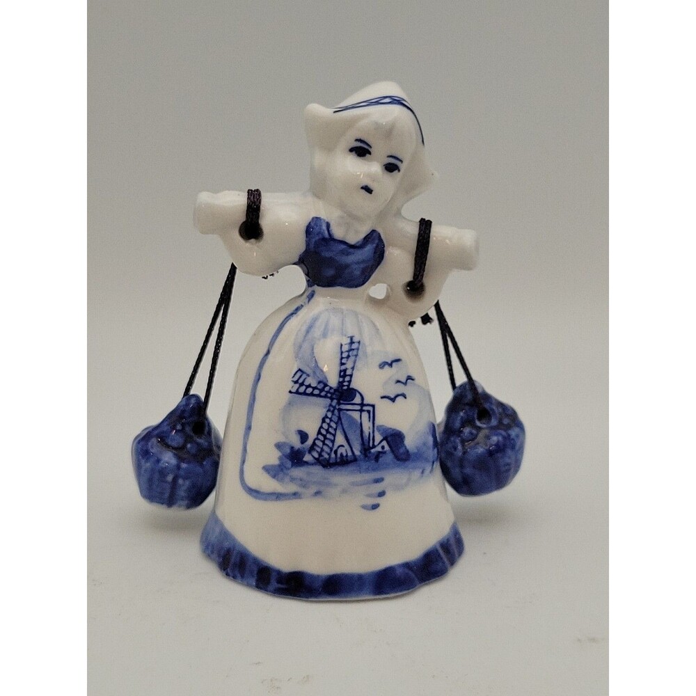Vtg Blue & White Holland Dutch Girl Milk Maid Porcelain Ceramic Bell 3½" Holland